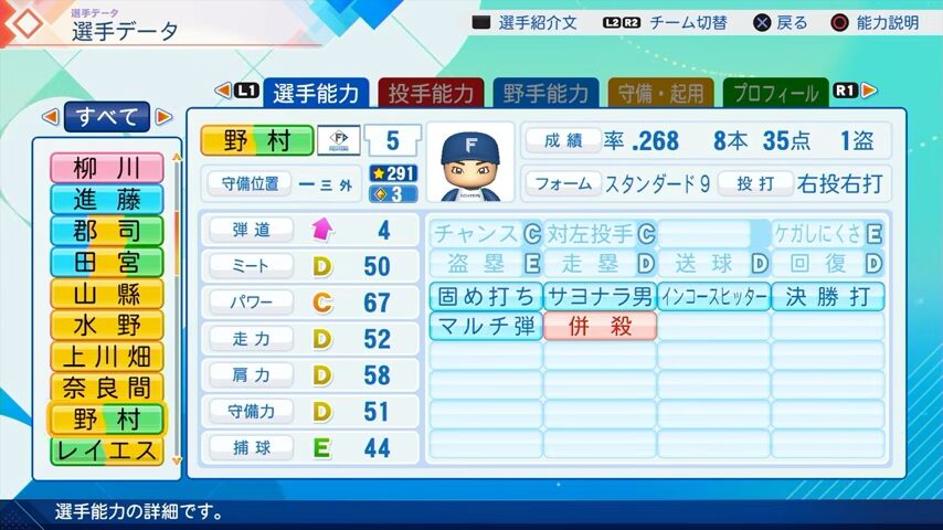 野村のパワプロ能力データ（2026年開幕版）・日本ハムファイターズ