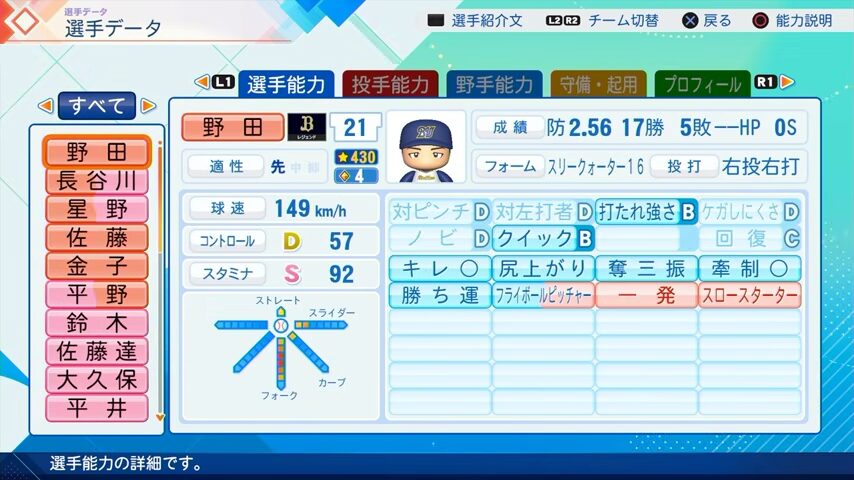 野田のパワプロ能力データ2026年版オリックスバファローズレジェンドOB