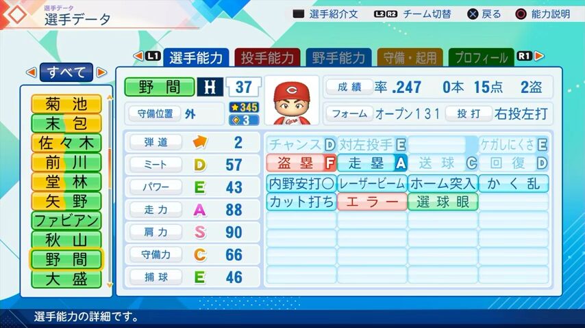 野間のパワプロ能力データ（2026年開幕版）・広島カープ