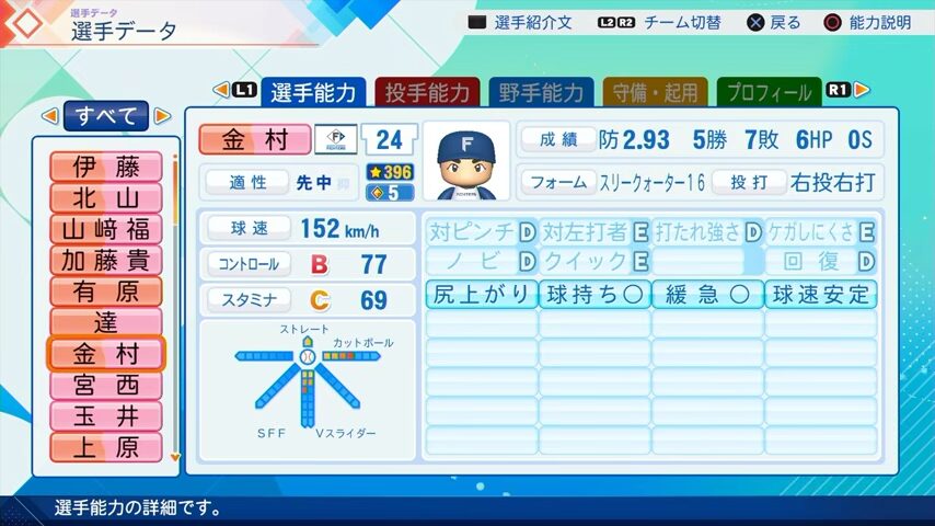 金村のパワプロ能力データ（2026年開幕版）・日本ハムファイターズ