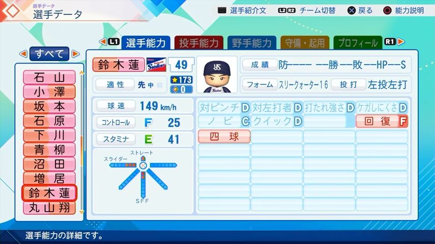 鈴木蓮のパワプロ能力データ（2026年開幕版）・ヤクルトスワローズ