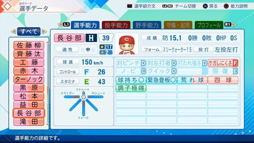 長谷部のパワプロ能力データ（2026年開幕版）・広島カープ