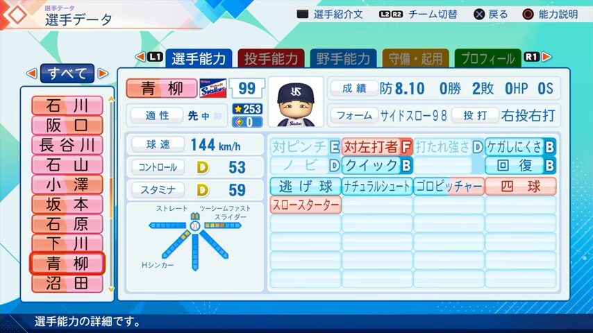 青柳晃洋のパワプロ能力データ（2026年開幕版）・ヤクルトスワローズ