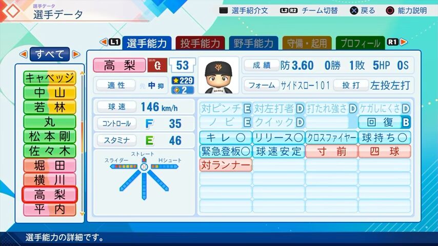 高梨のパワプロ能力データ（2026年開幕版）・巨人