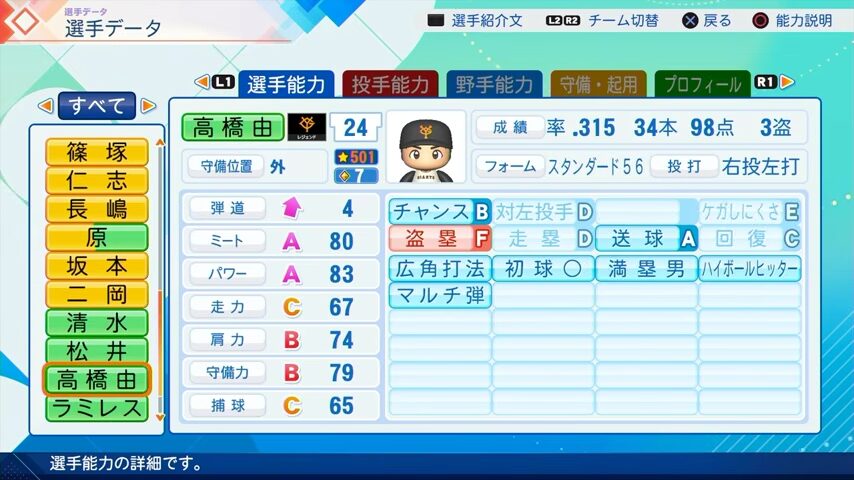 高橋由伸のパワプロ能力データ2026年版巨人レジェンドOB