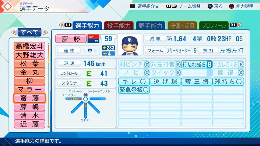 齋藤のパワプロ能力データ（2026年開幕版）・中日ドラゴンズ